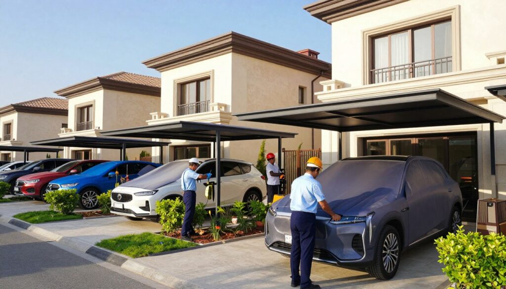 A professional team in the foreground is diligently installing elegant car shades and luxurious outdoor canopies outside modern villas in a sunny residential area of Al-Ahsa. The car shades feature sleek, structural designs that provide optimal protection from the sun. The middle ground showcases a few completed installations, highlighting the variety of styles and colors available, with vibrant greenery and landscaped gardens surrounding the villas. In the background, the architecture reflects contemporary Saudi design, with warm sunlight casting soft shadows that enhance the scene's inviting atmosphere. The mood is one of professionalism and innovation, captured in a vibrant, bright daylight setting, shot from a low angle to emphasize the height and elegance of the canopies.