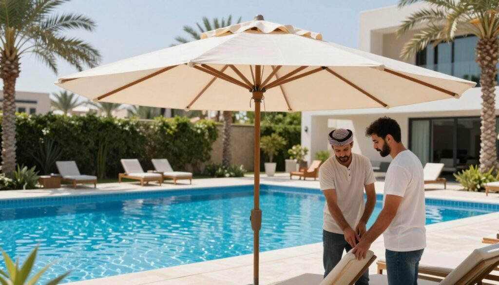 A professional team installing a large, sturdy pool umbrella by a shimmering pool in a modern villa in Al Jubail, Saudi Arabia. In the foreground, focus on two workers wearing smart, casual attire, carefully securing the umbrella's base. In the middle ground, display the vibrant pool area, with clear blue water reflecting the sunny sky. In the background, include lush greenery and palm trees framing the scene, creating a tropical feel. The lighting is bright and sunny, casting soft shadows, while the angle captures both the umbrella's structure and the inviting pool. The atmosphere is professional yet relaxed, highlighting the theme of selecting the right pool shade.