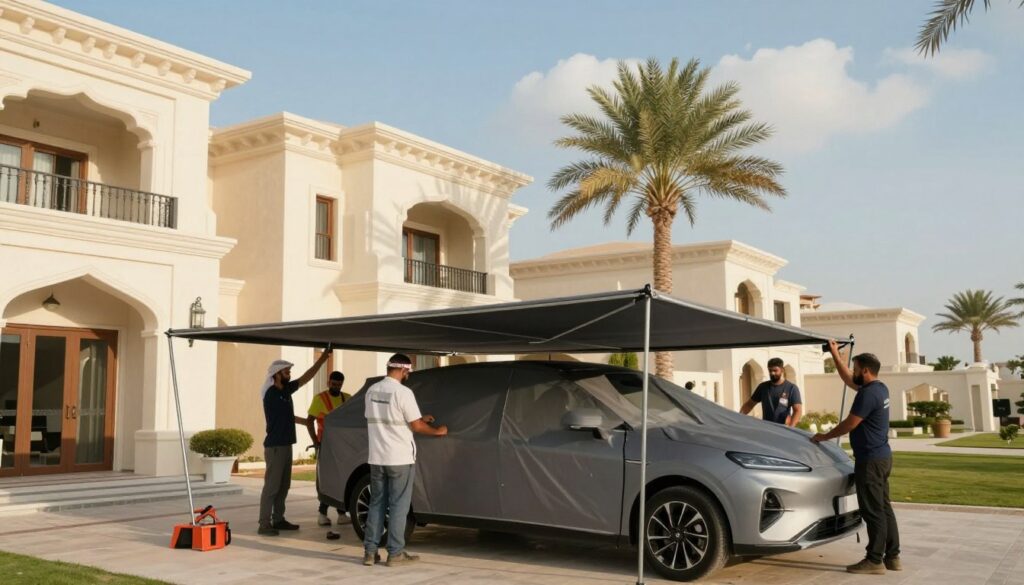 A professional team installing custom car shades and outdoor canopies at a villa in Jubail, Saudi Arabia. In the foreground, several workers in professional attire are carefully setting up a large, stylish car shade, using tools and equipment. The middle ground features elegant villas with beautiful architecture, accented by palm trees, and bright sunlight casting gentle shadows. The background includes a clear blue sky with a few fluffy clouds, emphasizing a warm, inviting atmosphere. Use soft, natural lighting to create a relaxed yet industrious mood, and capture the scene from a slightly elevated angle, giving a comprehensive view of the installation process while highlighting the luxurious surroundings. No text or logos present in the image.