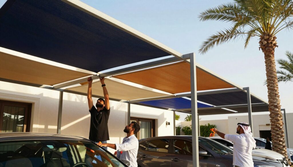 A professional team installing custom car shades and outdoor canopies at a villa in Saudi Arabia. In the foreground, detail the workers in smart, modest casual clothing using tools to expertly mount the structural shade canopies. In the middle ground, showcase a variety of colorful, modern fabric shades stretched over metal frames, elegantly complementing the villa's architecture. The background features a sunny, clear blue sky, with palm trees swaying gently, creating a relaxed, inviting atmosphere. The scene should convey professionalism and skill, captured from a slightly low angle to emphasize the height of the structures. Soft, natural lighting enhances the colors of the canopies and the surroundings, reflecting a warm and vibrant mood. A professional team installing custom car shades and outdoor canopies at a villa in Saudi Arabia. In the foreground, detail the workers in smart, modest casual clothing using tools to expertly mount the structural shade canopies. In the middle ground, showcase a variety of colorful, modern fabric shades stretched over metal frames, elegantly complementing the villa's architecture. The background features a sunny, clear blue sky, with palm trees swaying gently, creating a relaxed, inviting atmosphere. The scene should convey professionalism and skill, captured from a slightly low angle to emphasize the height of the structures. Soft, natural lighting enhances the colors of the canopies and the surroundings, reflecting a warm and vibrant mood.