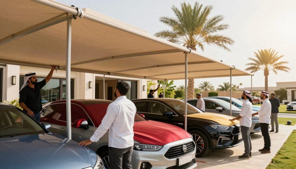 A professional team installing custom car shades and outdoor canopies at a villa in Saudi Arabia, showcasing their expertise. In the foreground, a diverse group of workers in professional business attire is skillfully erecting a large, elegant canopy to provide shade for vehicles. In the middle, vibrant car shades in various colors are displayed, highlighting their quality and design. In the background, a sun-drenched landscape of a modern villa, typical of the region, with palm trees swaying gently in a light breeze. The lighting is bright and inviting, emphasizing a warm, sunny day. The angle captures both the team at work and the stylish architecture, creating a harmonious and professional atmosphere.