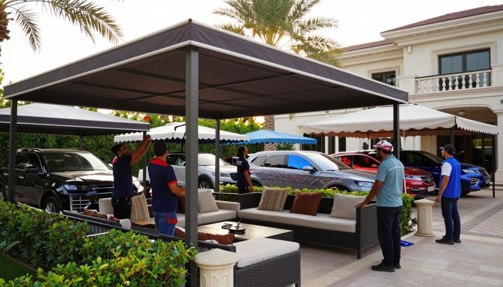 A professional team installing custom car shades and outdoor canopies for luxurious villas in Saudi Arabia. In the foreground, depict workers in professional attire carefully setting up a stylish canopy over a chic outdoor seating area, showcasing their skill and precision. In the middle, illustrate a variety of colorful, patterned car shades and elegant canopies designed for gardens. The background features a beautifully landscaped villa with palm trees and soft sunlight filtering through, creating a warm and inviting atmosphere. Use natural lighting to enhance textures and colors, capturing a sense of professionalism and attention to detail. The angle should be slightly elevated, offering a comprehensive view of the installation process while maintaining focus on the team at work.