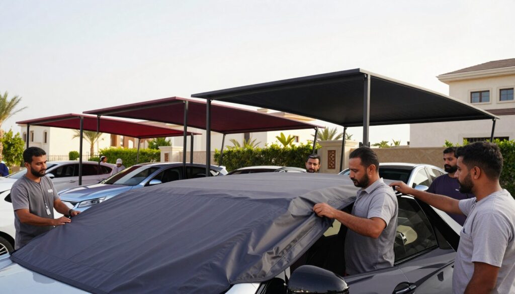 A professional team installing custom car shades and outdoor canopies for villas in Al-Ahsa. In the foreground, the team members, dressed in modest work attire, are actively assembling a large, stylish car shade; their expressions focused and determined. In the middle ground, showcase the elegantly designed canopies that provide shade for parked cars, highlighting their sleek lines and vibrant colors against the backdrop of a sunny Saudi sky. The background features a glimpse of luxurious villas with lush gardens, emphasizing the upscale neighborhood. Soft, natural lighting bathes the scene, capturing a bright yet comfortable atmosphere, while a low camera angle emphasizes the stature of the car shades. The overall mood is one of professionalism and dedication to quality service.