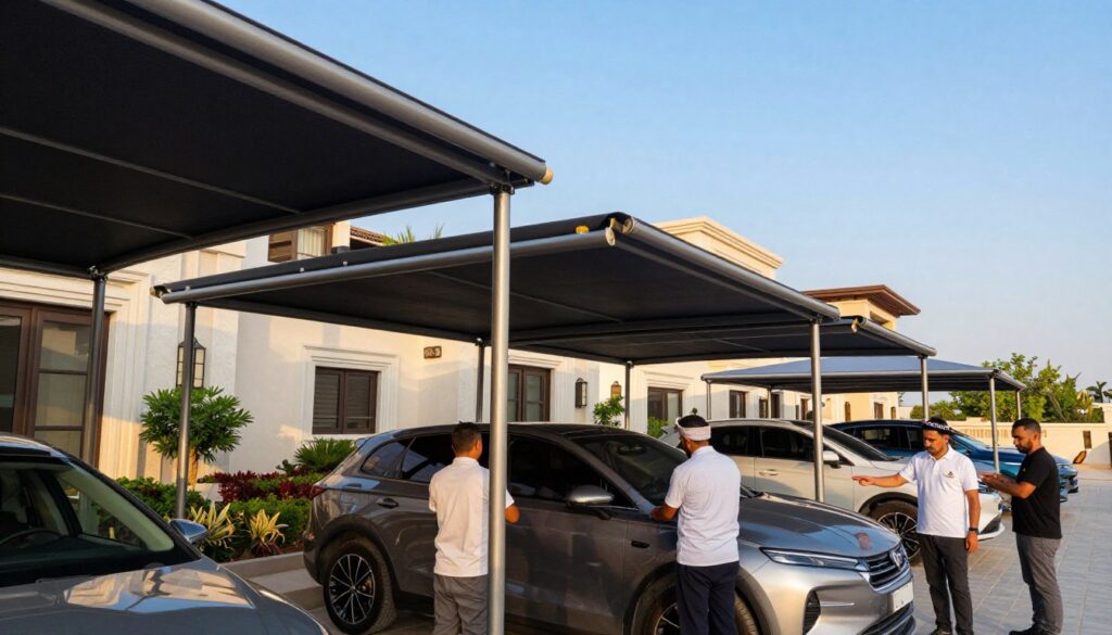 A professional team installing custom car shades and outdoor canopies for villas in Jubail, Saudi Arabia. In the foreground, skilled workers in professional business attire are focused on setting up sleek, modern car shades, showcasing various styles like fixed and retractable canopies. The middle ground features beautifully designed villas with lush landscaping, and several canopies are partially unfolded to display their functionality. The background features a bright, clear blue sky, typical of Saudi Arabia’s climate, enhancing the vibrant colors of the canopies. Soft, warm lighting highlights the textures and materials of the installations, creating a professional yet inviting atmosphere. Captured with a wide-angle lens to emphasize the scale of the installation against the villa backdrop.