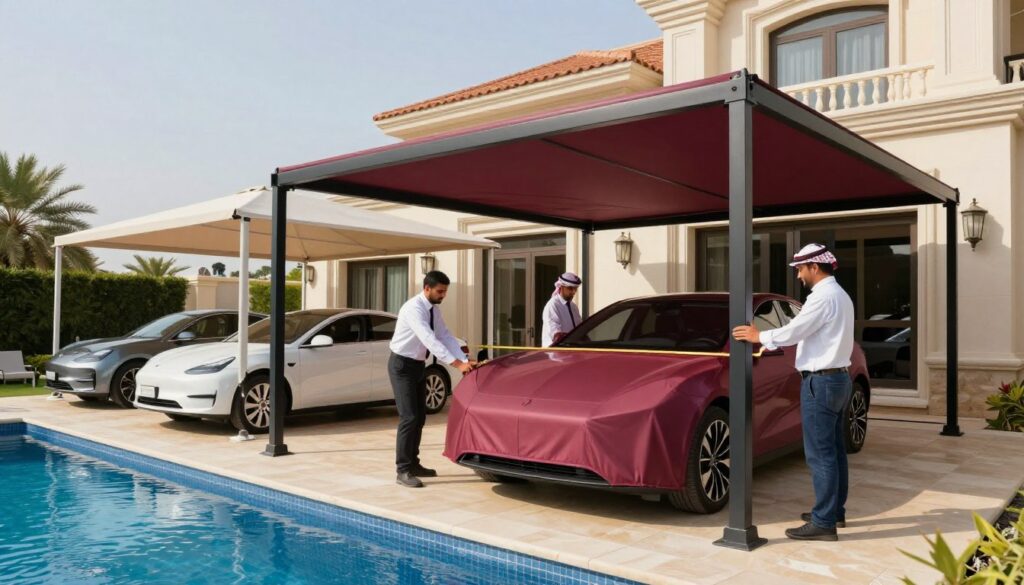 A professional team installing custom car shades and outdoor canopies for villas in Saudi Arabia, focusing on their expertise in pool shade solutions. In the foreground, depict skilled workers, dressed in professional business attire, actively measuring and adjusting vibrant, stylish shade structures over a luxurious pool area. The middle ground features elegant canopies in various designs, showcasing functionality and aesthetic appeal. In the background, a well-maintained villa with lush landscaping and clear blue skies enhances the atmosphere of a sunny, inviting day. Soft, natural lighting highlights the textures of the fabrics and the surroundings, creating a warm and professional mood. Showcase the commitment to high-quality craftsmanship in the installation process.