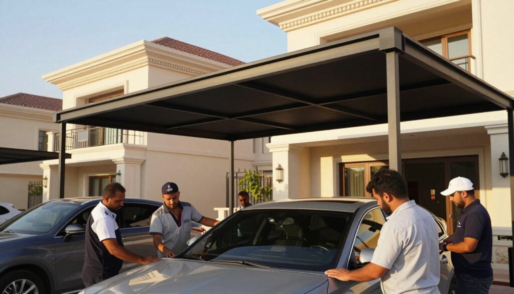A professional team installing custom car shades and outdoor canopies for villas in Saudi Arabia, showcasing high-quality materials and meticulous craftsmanship. In the foreground, skilled workers in business attire, focused on ensuring precise installation. The middle ground features robust structural components of the canopies, highlighting their durability and design. The background presents elegant villas bathed in warm, golden sunlight, enhancing the overall atmosphere of luxury and quality. The scene conveys a commitment to excellence, with soft shadows and a slightly elevated angle to emphasize the height and structure of the shades. The mood is one of professionalism and dedication to quality in outdoor solutions. A professional team installing custom car shades and outdoor canopies for villas in Saudi Arabia, showcasing high-quality materials and meticulous craftsmanship. In the foreground, skilled workers in business attire, focused on ensuring precise installation. The middle ground features robust structural components of the canopies, highlighting their durability and design. The background presents elegant villas bathed in warm, golden sunlight, enhancing the overall atmosphere of luxury and quality. The scene conveys a commitment to excellence, with soft shadows and a slightly elevated angle to emphasize the height and structure of the shades. The mood is one of professionalism and dedication to quality in outdoor solutions.
