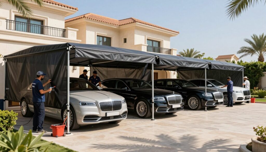 A professional team installing custom car shades and outdoor canopies for villas in a sunny Saudi Arabian environment. In the foreground, show workers in professional attire engaged in the installation process, using tools and equipment. The middle layer features elegant, modern car shades that are partially open to reveal luxury cars parked beneath them, showcasing a variety of designs and colors. The background consists of a beautiful villa with lush landscaping and clear blue skies that convey a sense of a warm, inviting atmosphere. The lighting is bright, highlighting the sturdy materials of the car shades while casting soft shadows on the ground, suggesting a sunny afternoon. The overall mood is one of professionalism, satisfaction, and quality craftsmanship, embodying customer experiences with the installation service.
