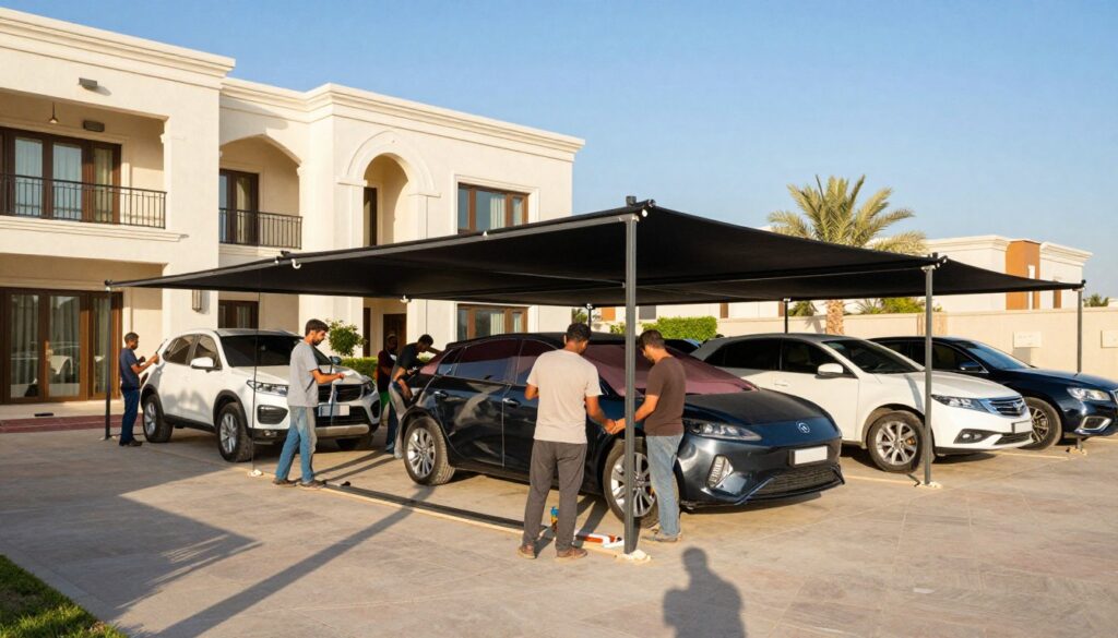 A professional team installing custom car shades and outdoor canopies for villas in a vibrant Saudi Arabian setting. In the foreground, show skilled workers in modest casual clothing working with tools and materials. The middle ground features various types of car shades, highlighting their structural designs and colors, protecting parked vehicles under the warm sun. The background reveals a modern villa, showcasing its architecture, with palm trees and the clear blue sky, enhancing the serene atmosphere. Use bright, natural lighting to illuminate the scene, capturing the dynamic feel of outdoor work. The angle should be slightly elevated, providing an overview of the installation site and the interplay of shadows cast by the canopies. A professional team installing custom car shades and outdoor canopies for villas in a vibrant Saudi Arabian setting. In the foreground, show skilled workers in modest casual clothing working with tools and materials. The middle ground features various types of car shades, highlighting their structural designs and colors, protecting parked vehicles under the warm sun. The background reveals a modern villa, showcasing its architecture, with palm trees and the clear blue sky, enhancing the serene atmosphere. Use bright, natural lighting to illuminate the scene, capturing the dynamic feel of outdoor work. The angle should be slightly elevated, providing an overview of the installation site and the interplay of shadows cast by the canopies.