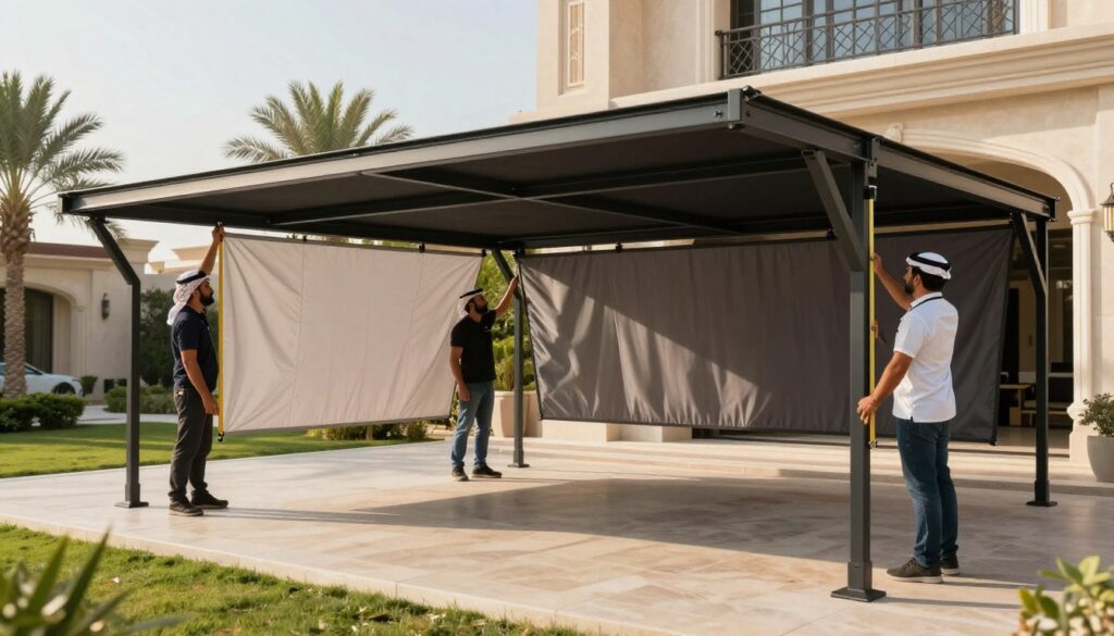 A professional team installing custom car shades and outdoor canopies in a luxurious Saudi villa setting. In the foreground, show the team members in professional attire, carefully measuring and assembling a large, elegant steel structure. The middle ground features beautifully designed car shades made of high-quality fabric, offering a modern look against the backdrop of the villa. The background subtly showcases a landscaped garden, with palm trees and natural stone pathways, under bright, warm sunlight. Soft shadows play across the scene, creating a welcoming atmosphere. Use a wide-angle lens to capture the scale of the installation, with a focus on craftsmanship and attention to detail, evoking a sense of professionalism and quality in the service provided.