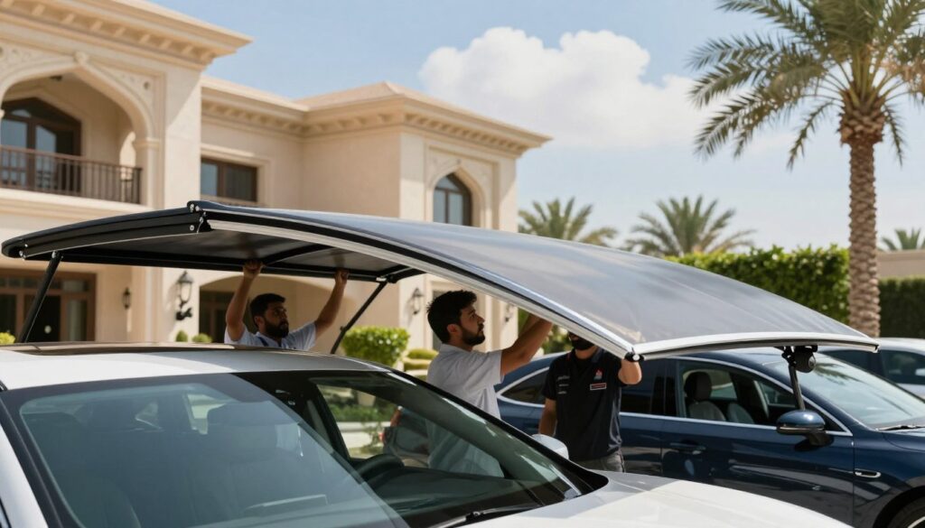 A professional team installing custom car shades and outdoor canopies in a luxurious villa setting in Jubail, Saudi Arabia. In the foreground, show workers dressed in smart uniforms assembling elegant, modern car shades in a variety of colors and styles, showcasing both stationary and retractable designs. In the middle ground, depict the rich architecture of the villa with lush landscaping and palm trees, creating a contrast between the natural and built environments. In the background, a bright blue sky with soft, fluffy white clouds enhances the atmosphere of a warm, sunny day. Use bright, natural lighting to highlight the materials and workmanship of the car shades, with a slight depth of field to focus on the installation while keeping the villa slightly blurred but recognizable. The mood should convey professionalism, innovation, and quality craftsmanship.
