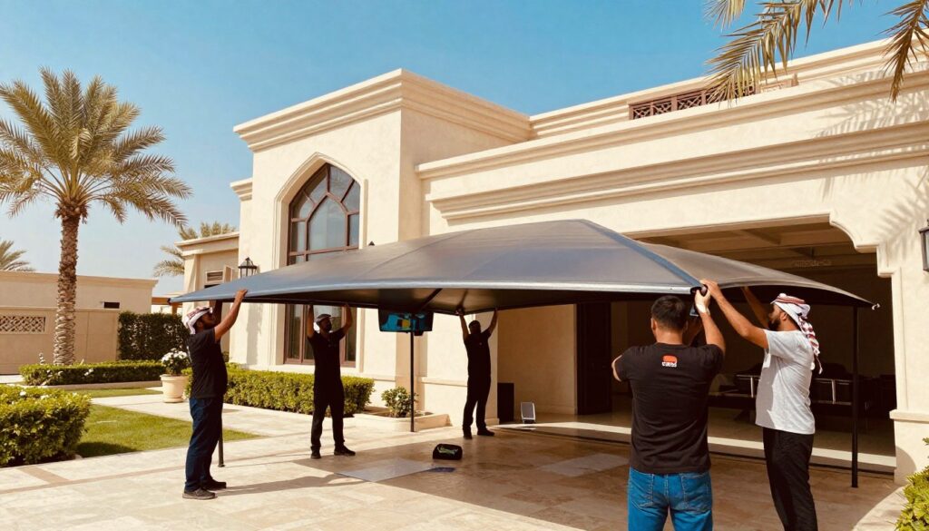 A professional team installing custom car shades and outdoor canopies in a luxurious villa setting in Dammam, Saudi Arabia. In the foreground, skilled workers wearing professional attire diligently set up sleek metal and fabric car shades, demonstrating precision and expertise. The middle ground features a stylish villa, surrounded by neatly manicured gardens and palm trees, showcasing a blend of modern architecture and traditional elements. The background captures a bright, clear blue sky, enhancing the feeling of a sunny day typical in the region. The scene is well-lit, capturing warm tones that evoke a sense of professionalism and high-quality service, reflecting customer satisfaction and reliability. No people are directly visible, but the atmosphere conveys an active and engaging installation process.