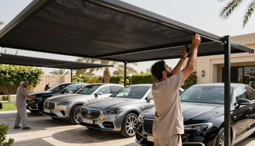 A professional team installing custom car shades and outdoor canopies in a sunlit, upscale villa setting in Saudi Arabia. In the foreground, a skilled worker, dressed in a modest, professional outfit, is carefully adjusting the fabric of a large shade structure, showcasing attention to detail. In the middle ground, several elegantly designed car shades are seen providing protection for luxury vehicles, featuring modern, functional designs that complement the villa's architecture. The background highlights a beautiful garden with palm trees and traditional Saudi landscape elements. The scene is illuminated by warm, natural sunlight, creating a vibrant atmosphere that emphasizes the importance of choosing suitable locations for installation. The angle captures both the intricacy of the canopies and the surrounding environment, evoking a sense of professionalism and quality. A professional team installing custom car shades and outdoor canopies in a sunlit, upscale villa setting in Saudi Arabia. In the foreground, a skilled worker, dressed in a modest, professional outfit, is carefully adjusting the fabric of a large shade structure, showcasing attention to detail. In the middle ground, several elegantly designed car shades are seen providing protection for luxury vehicles, featuring modern, functional designs that complement the villa's architecture. The background highlights a beautiful garden with palm trees and traditional Saudi landscape elements. The scene is illuminated by warm, natural sunlight, creating a vibrant atmosphere that emphasizes the importance of choosing suitable locations for installation. The angle captures both the intricacy of the canopies and the surrounding environment, evoking a sense of professionalism and quality.