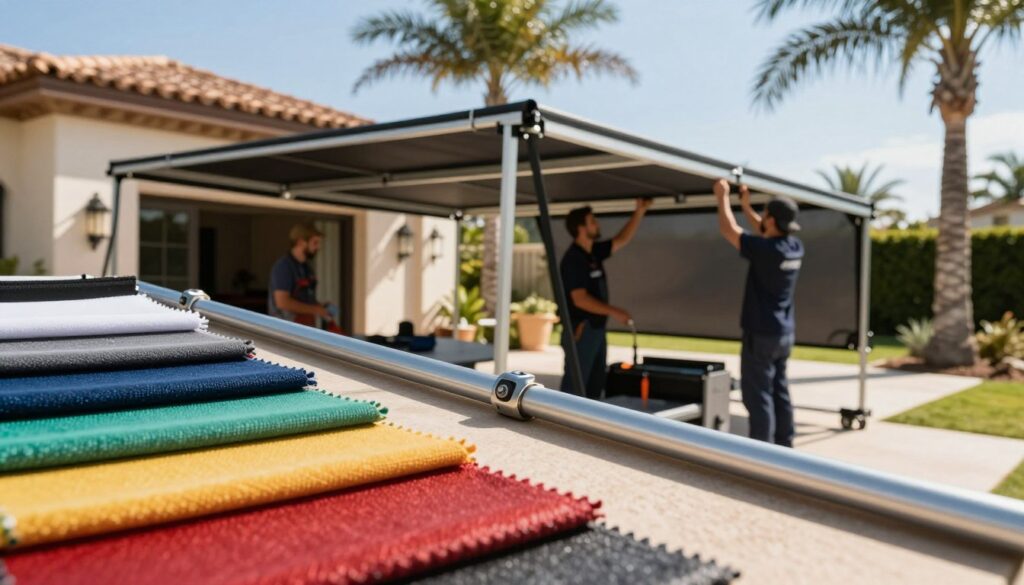 A professional team installing custom car shades and outdoor canopies in a sunny setting, emphasizing the various materials used for the structures. In the foreground, a close-up view of durable fabric samples in vibrant colors, alongside metal poles and connectors that showcase the strength and quality of the construction. The middle section features skilled technicians in professional attire meticulously assembling the canopy frame, ensuring precision in their work. The background captures a beautiful villa surrounded by palm trees, under a clear blue sky, casting soft shadows that convey a sense of warmth and tranquility. The image is well-lit, with natural sunlight enhancing the textures of the materials, while a shallow depth of field focuses on the installation process, creating an inviting atmosphere.