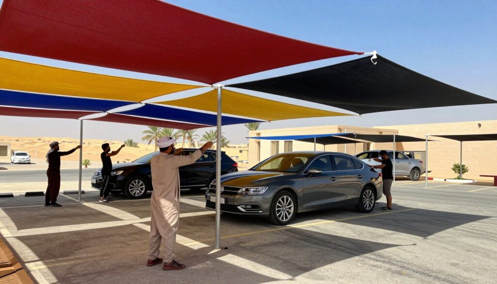 A professional team installing custom car shades in a villa parking lot in Al Ahsa, Saudi Arabia. The foreground features individuals in modest casual clothing carefully setting up large, stylish car canopies with vibrant colors that provide shade. In the middle, the partially finished installation demonstrates various canopy designs, showcasing durability against harsh sunlight. The background includes a desert landscape with scattered palm trees and a bright blue sky, emphasizing the warm climate. The lighting is bright and sunny, casting dynamic shadows that illustrate the effectiveness of the shades. The mood is focused and industrious, highlighting the importance of protective solutions in outdoor spaces.