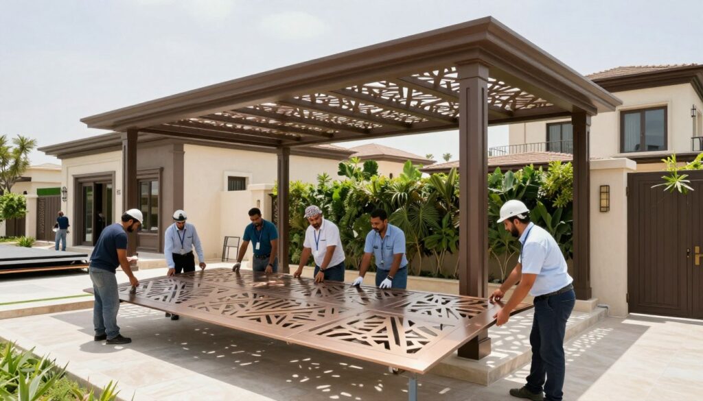 A professional team installing custom laser-cut metal canopies for villas in a modern Saudi Arabian neighborhood. In the foreground, skilled workers in professional business attire are actively engaged in the installation process, handling sleek, intricately designed metal sheets. The middle ground features the beautifully crafted canopies, showcasing modern geometric patterns and high-quality finishes. In the background, you can see picturesque villas and lush greenery under a bright, sunny sky, creating a vibrant atmosphere. Soft natural light enhances the metallic shine of the canopies while casting delicate shadows on the ground. The overall mood is one of innovation and sophistication, highlighting the blend of functionality and aesthetics in modern architectural design. A professional team installing custom laser-cut metal canopies for villas in a modern Saudi Arabian neighborhood. In the foreground, skilled workers in professional business attire are actively engaged in the installation process, handling sleek, intricately designed metal sheets. The middle ground features the beautifully crafted canopies, showcasing modern geometric patterns and high-quality finishes. In the background, you can see picturesque villas and lush greenery under a bright, sunny sky, creating a vibrant atmosphere. Soft natural light enhances the metallic shine of the canopies while casting delicate shadows on the ground. The overall mood is one of innovation and sophistication, highlighting the blend of functionality and aesthetics in modern architectural design.