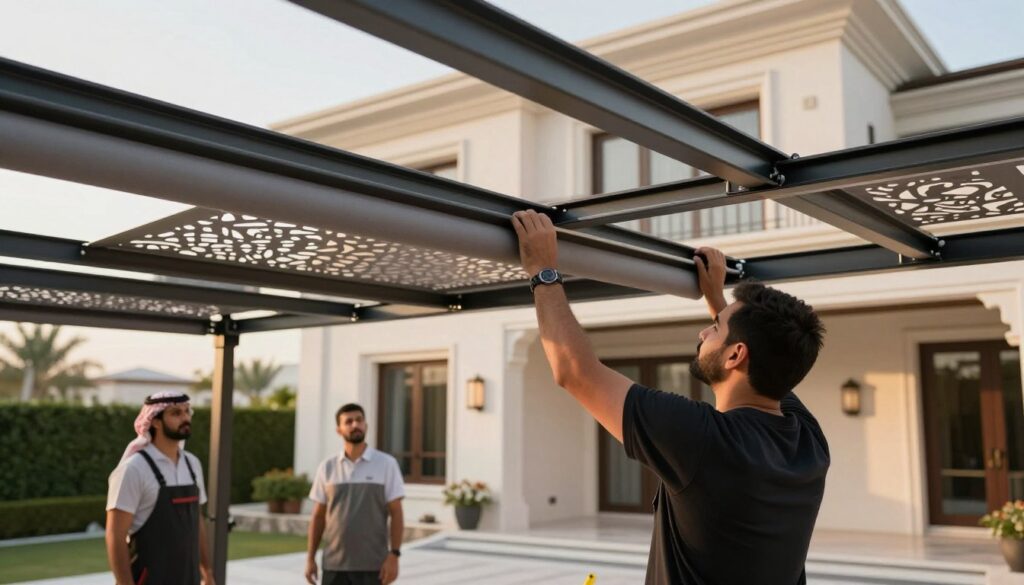 A professional team installing custom laser-cut shade installations around a modern villa in Dammam, Saudi Arabia. The foreground features a skilled technician carefully measuring and adjusting the laser-cut shades, demonstrating precision and expertise. In the middle ground, several partially installed shades showcase intricate designs, highlighting modern aesthetics. The background reveals the backdrop of a luxurious villa with elegant architecture and landscaped gardens. Soft, warm sunlight bathes the scene, creating a welcoming atmosphere. The image conveys a sense of professionalism and dedication to quality. The angle is slightly elevated, capturing both the work being done and the aesthetic appeal of the villa. A professional team installing custom laser-cut shade installations around a modern villa in Dammam, Saudi Arabia. The foreground features a skilled technician carefully measuring and adjusting the laser-cut shades, demonstrating precision and expertise. In the middle ground, several partially installed shades showcase intricate designs, highlighting modern aesthetics. The background reveals the backdrop of a luxurious villa with elegant architecture and landscaped gardens. Soft, warm sunlight bathes the scene, creating a welcoming atmosphere. The image conveys a sense of professionalism and dedication to quality. The angle is slightly elevated, capturing both the work being done and the aesthetic appeal of the villa.