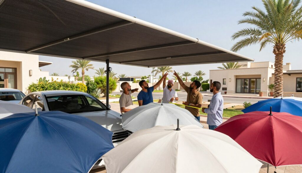 A professional team installing custom outdoor canopies and car shades for villas in Saudi Arabia, with a focus on choosing the right umbrella. In the foreground, depict a variety of stylish umbrellas showcasing different colors, materials, and sizes, symbolizing diverse options. In the middle ground, the technicians, dressed in modest casual clothing, are collaborating, pointing towards the umbrellas, discussing features, and taking measurements. The background features a sunny villa landscape with palm trees and clear blue skies, creating an inviting and cheerful atmosphere. Use soft, natural lighting to enhance the vibrancy of the colors, and capture the scene from a slightly elevated angle, providing a clear view of the installation process. The overall mood conveys professionalism and enthusiasm for outdoor solutions. A professional team installing custom outdoor canopies and car shades for villas in Saudi Arabia, with a focus on choosing the right umbrella. In the foreground, depict a variety of stylish umbrellas showcasing different colors, materials, and sizes, symbolizing diverse options. In the middle ground, the technicians, dressed in modest casual clothing, are collaborating, pointing towards the umbrellas, discussing features, and taking measurements. The background features a sunny villa landscape with palm trees and clear blue skies, creating an inviting and cheerful atmosphere. Use soft, natural lighting to enhance the vibrancy of the colors, and capture the scene from a slightly elevated angle, providing a clear view of the installation process. The overall mood conveys professionalism and enthusiasm for outdoor solutions.