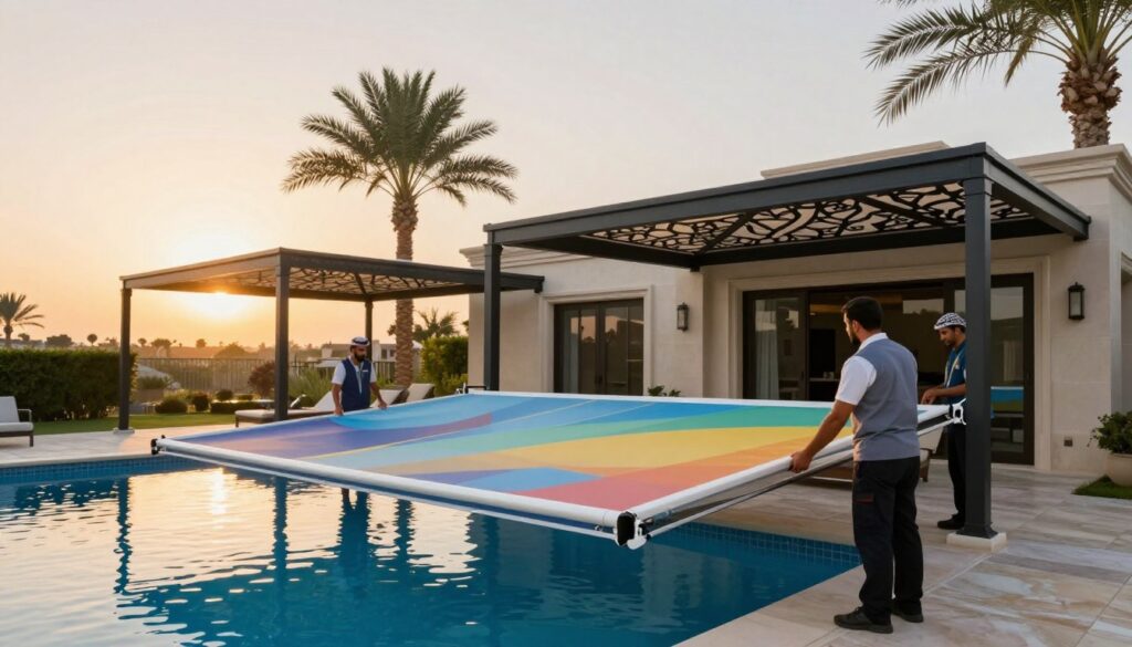 A professional team installing custom pool shades and outdoor canopies in a luxurious villa setting in Saudi Arabia. In the foreground, a technician in professional attire carefully adjusts a vibrant, modern canopy over a sparkling pool, showcasing innovation and attention to detail. The middle ground features several beautifully designed canopies, providing shade while enhancing the villa's elegance, each with intricate patterns and durable materials. In the background, the sun sets over a serene landscape, casting warm, golden light that creates a welcoming atmosphere, with palm trees gently swaying in the breeze. Capture the mood of professionalism, expertise, and trust, portraying the essence of quality service in outdoor design.