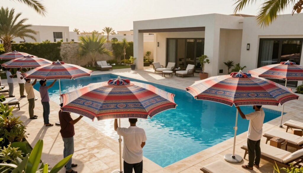 A professional team installing custom pool umbrellas around a luxurious swimming pool in Al Jubail, Saudi Arabia. The foreground features workers adjusting vibrant, patterned umbrellas made of high-quality fabric, providing shaded areas for relaxation. In the middle ground, the crystal-clear pool reflects the bright sunshine, with decorative plants framing the scene. The background showcases a modern villa designed in contemporary Saudi architectural style, complete with elegant outdoor furniture. The scene is illuminated by natural sunlight to create a warm and inviting atmosphere, emphasizing the idyllic setting for leisure. Capture the essence of this serene environment with a focus on quality craftsmanship and the beauty of outdoor living.