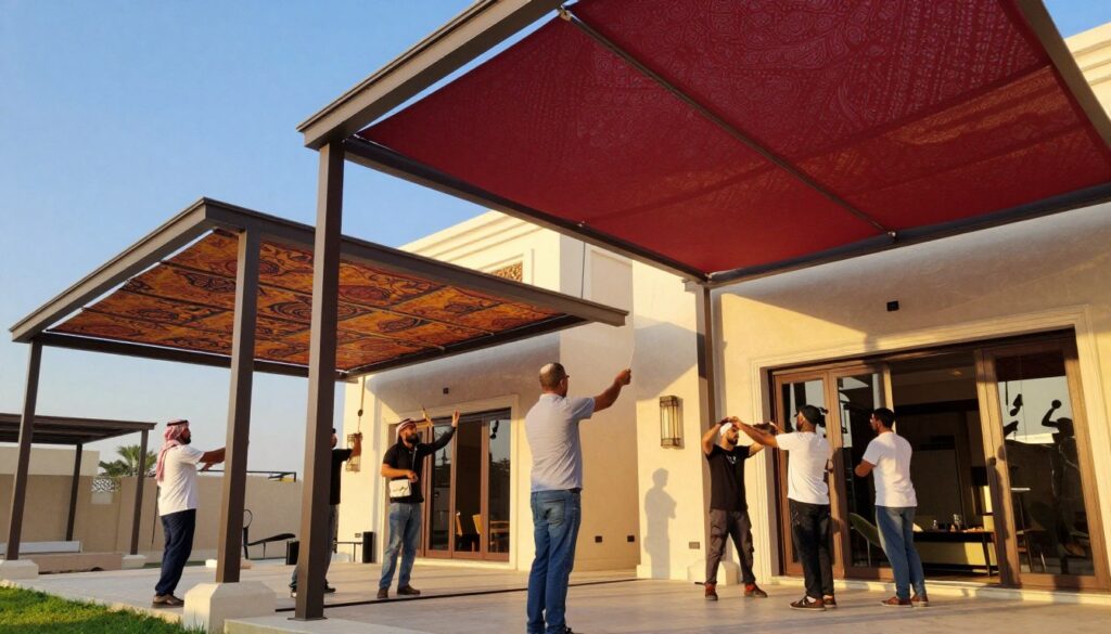 A professional team installing custom structural canopies and shades at a villa in Dammam, Saudi Arabia. The foreground features skilled workers in professional business attire carefully adjusting the vibrant, modern fabric of the canopies, showcasing intricate designs and robust construction. In the middle ground, newly installed shades provide a stunning visual contrast to the stylish architecture of the villa, with detailed attention to the patterns and textures of the canopies. The background features a clear blue sky, highlighting the warm, ambient sunlight that casts soft shadows over the scene. The atmosphere is one of collaboration and sophistication, reflecting a professional and inviting outdoor space ideal for relaxation and gatherings. Use a wide-angle lens to capture the full scope of the installation, creating depth and context in the composition. A professional team installing custom structural canopies and shades at a villa in Dammam, Saudi Arabia. The foreground features skilled workers in professional business attire carefully adjusting the vibrant, modern fabric of the canopies, showcasing intricate designs and robust construction. In the middle ground, newly installed shades provide a stunning visual contrast to the stylish architecture of the villa, with detailed attention to the patterns and textures of the canopies. The background features a clear blue sky, highlighting the warm, ambient sunlight that casts soft shadows over the scene. The atmosphere is one of collaboration and sophistication, reflecting a professional and inviting outdoor space ideal for relaxation and gatherings. Use a wide-angle lens to capture the full scope of the installation, creating depth and context in the composition.