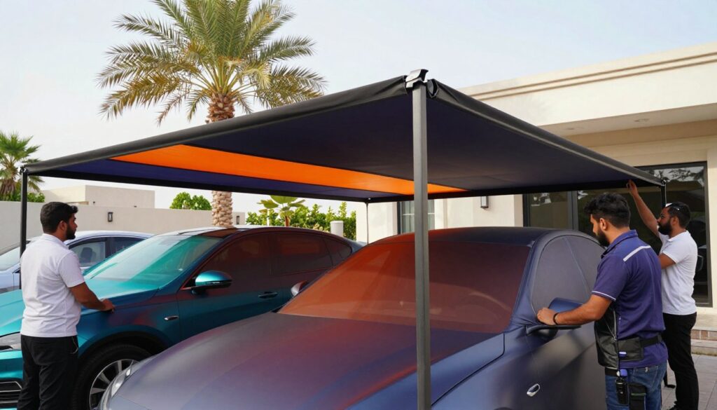 A professional team installing durable car shades and outdoor canopies in a villa setting in Saudi Arabia. In the foreground, show the team members in professional attire, focused on their task. In the middle, display robust and stylish car shades with vibrant colors, designed to withstand the Saudi heat, offering ample coverage for parked vehicles. The background features a modern villa with palm trees and a sunny sky, emphasizing the outdoor atmosphere. Capture soft, natural lighting that reflects a bright, clear day, enhancing the shades' colors and textures. The angle should give a dynamic view of the installation process, evoking a sense of professionalism and the benefits of reliable car protection.