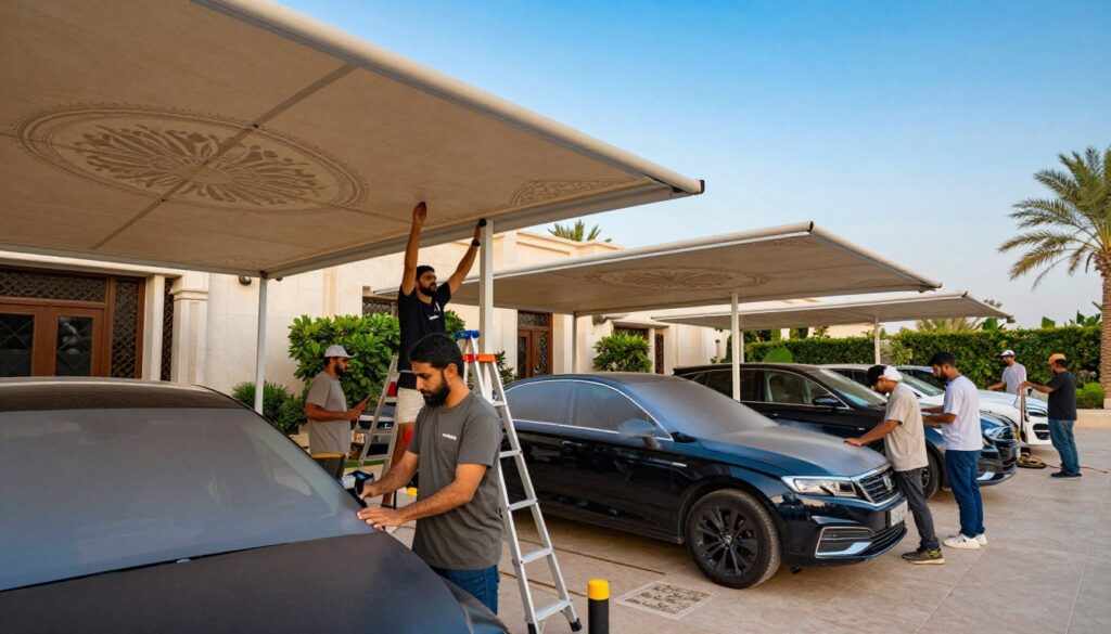 A professional team installing elegant car shades and outdoor canopies at luxurious villas in Saudi Arabia. In the foreground, showcase the team composed of individuals in modest casual attire, carefully working with high-quality materials, using ladders and tools to ensure a perfect installation. The middle ground features beautifully designed canopies with intricate patterns providing shade over vehicles and outdoor areas, with greenery and landscaping highlighting the villas. In the background, vibrant blue skies and distant palm trees enhance the serene atmosphere. Soft, natural lighting emphasizes the elegance of the installations while creating a warm and inviting mood. Capture the scene from a slightly elevated angle to provide depth and perspective, focusing on collaboration and professionalism. A professional team installing elegant car shades and outdoor canopies at luxurious villas in Saudi Arabia. In the foreground, showcase the team composed of individuals in modest casual attire, carefully working with high-quality materials, using ladders and tools to ensure a perfect installation. The middle ground features beautifully designed canopies with intricate patterns providing shade over vehicles and outdoor areas, with greenery and landscaping highlighting the villas. In the background, vibrant blue skies and distant palm trees enhance the serene atmosphere. Soft, natural lighting emphasizes the elegance of the installations while creating a warm and inviting mood. Capture the scene from a slightly elevated angle to provide depth and perspective, focusing on collaboration and professionalism.
