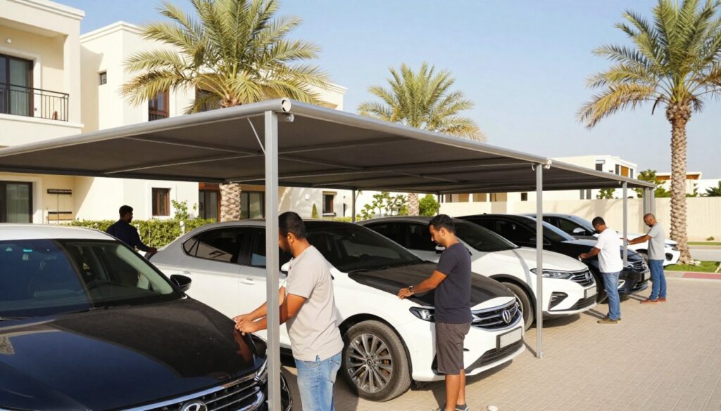 A professional team installing high-quality car shades and outdoor canopies in a residential area of Dammam, Saudi Arabia. In the foreground, skilled workers wearing modest casual clothing expertly assemble a sleek metal frame for a large fabric canopy, showcasing precision and teamwork. The middle ground features an array of newly installed car shades with a modern design, casting soft shadows on the vehicles beneath them. The background highlights a sunlit villa, surrounded by palm trees and a clear blue sky, adding to the serene atmosphere. Use natural lighting to emphasize the quality of materials and craftsmanship, taken from a slightly elevated angle to capture the entire setup and an inviting mood of professionalism and care.