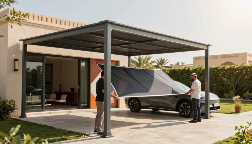 A professional team installing sleek, modern car shades and outdoor canopies at a villa in Saudi Arabia. In the foreground, focus on two workers in smart, modest casual attire, carefully assembling a stylish, custom pergola crafted from aluminum and fabric. The middle ground reveals a partially finished structure, showcasing contemporary design elements like geometric shapes and vibrant colors that blend harmoniously with the surrounding landscape. In the background, a beautiful Saudi villa with traditional architecture peeks through lush greenery under a bright, sunny sky, casting soft shadows on the ground. Utilize warm, natural lighting to create an inviting atmosphere. The image conveys professionalism and elegance in modern outdoor living solutions.
