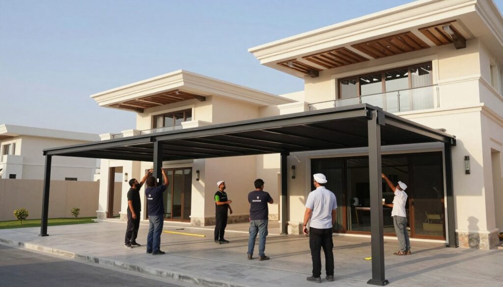 A professional team installing structural car shades and outdoor canopies in a modern villa setting in Al-Qatif, Saudi Arabia. In the foreground, workers in professional attire expertly handle the installation of sleek, contemporary shading structures, showcasing their skills. The middle ground features elegant, custom-designed canopies that enhance the villa's architecture, with intricate designs reflecting modern engineering. In the background, a clear blue sky brightens the scene, hinting at the region's climate. Soft natural lighting casts gentle shadows, creating a warm, inviting atmosphere. The entire composition communicates a sense of innovation and professionalism in structural design, embodying the future of shade solutions for upscale residences.