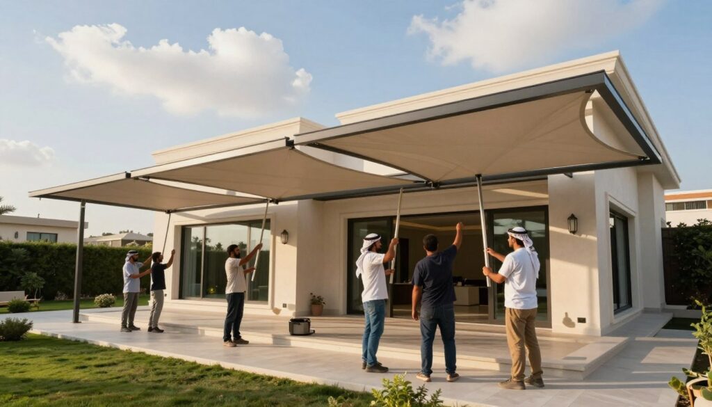 A professional team installing structural shade canopies at a modern villa in Saudi Arabia. In the foreground, skilled workers, dressed in smart casual attire, are carefully positioning elegant, contemporary umbrellas designed for optimal sun protection. The middle ground features a sleek villa with large glass windows, surrounded by landscaped gardens. In the background, a bright blue sky with a few fluffy white clouds enhances the warm and inviting atmosphere. The composition should utilize soft, natural lighting to emphasize the professionalism and precision of the installation process. Shot from a slightly elevated angle to capture the intricate details of the canopies and the villa, conveying a sense of innovation and quality in outdoor design. A professional team installing structural shade canopies at a modern villa in Saudi Arabia. In the foreground, skilled workers, dressed in smart casual attire, are carefully positioning elegant, contemporary umbrellas designed for optimal sun protection. The middle ground features a sleek villa with large glass windows, surrounded by landscaped gardens. In the background, a bright blue sky with a few fluffy white clouds enhances the warm and inviting atmosphere. The composition should utilize soft, natural lighting to emphasize the professionalism and precision of the installation process. Shot from a slightly elevated angle to capture the intricate details of the canopies and the villa, conveying a sense of innovation and quality in outdoor design.