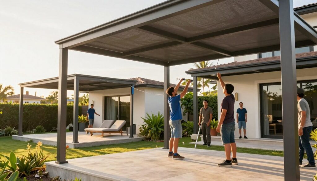 A professional team installing structural shade canopies for villas in a warm, sunny eastern climate. In the foreground, skilled workers in smart casual attire expertly assemble robust metal frames that support the canopies, highlighting their precise technique. In the middle ground, several elegant, contemporary shade structures are partially completed, showcasing modern designs that blend functionality with aesthetics. The background features a picturesque villa with vibrant greenery, creating a harmonious contrast against the sleek metallic structures. Soft, golden sunlight filters through the canopies, casting gentle shadows on the ground, enhancing the serene atmosphere. The lens perspective is slightly elevated, capturing both the detailed craftsmanship and the spacious outdoor setting, emphasizing the importance of these canopies in creating comfortable outdoor areas. A professional team installing structural shade canopies for villas in a warm, sunny eastern climate. In the foreground, skilled workers in smart casual attire expertly assemble robust metal frames that support the canopies, highlighting their precise technique. In the middle ground, several elegant, contemporary shade structures are partially completed, showcasing modern designs that blend functionality with aesthetics. The background features a picturesque villa with vibrant greenery, creating a harmonious contrast against the sleek metallic structures. Soft, golden sunlight filters through the canopies, casting gentle shadows on the ground, enhancing the serene atmosphere. The lens perspective is slightly elevated, capturing both the detailed craftsmanship and the spacious outdoor setting, emphasizing the importance of these canopies in creating comfortable outdoor areas.