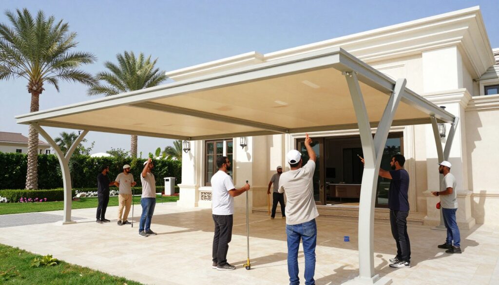 A professional team installing structural shade canopies in a luxurious Saudi villa setting. In the foreground, skilled workers wear modest, professional attire, actively assembling the canopies with tools. In the middle ground, the custom-designed shade structures take shape, showcasing intricate engineering and craftsmanship, with sleek lines and innovative support systems. The background features a beautifully landscaped garden with palm trees and a clear blue sky, providing a vibrant and inviting atmosphere. The image is well-lit, emphasizing the textures of the materials and the focused expressions of the workers. The angle captures both the detail of the installation process and the grandeur of the villa, radiating a feeling of professionalism and expertise in execution. A professional team installing structural shade canopies in a luxurious Saudi villa setting. In the foreground, skilled workers wear modest, professional attire, actively assembling the canopies with tools. In the middle ground, the custom-designed shade structures take shape, showcasing intricate engineering and craftsmanship, with sleek lines and innovative support systems. The background features a beautifully landscaped garden with palm trees and a clear blue sky, providing a vibrant and inviting atmosphere. The image is well-lit, emphasizing the textures of the materials and the focused expressions of the workers. The angle captures both the detail of the installation process and the grandeur of the villa, radiating a feeling of professionalism and expertise in execution.