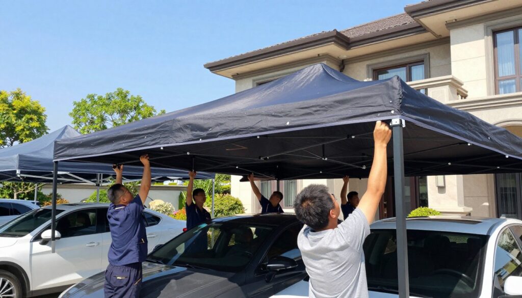 A professional team installing sturdy car canopies in a sunlit outdoor setting. In the foreground, skilled workers in clean, professional attire are using tools to secure a large shade structure above several cars. The middle layer features a well-structured, custom car shade being fastened, showcasing the intricate details of the canopy and its mounting hardware. In the background, a villa with modern architecture is visible, surrounded by lush greenery and a clear blue sky, creating a serene atmosphere. The scene is brightly lit, emphasizing the teamwork and craftsmanship involved in the installation process. The angle captures both the workers and the shade structure, highlighting the professionalism and quality of workmanship in the outdoor setting.