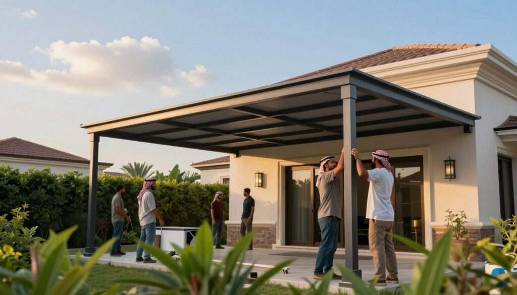 A professional team installing weather-resistant garden canopies in a villa setting in Saudi Arabia. In the foreground, focus on skilled workers, dressed in modest casual attire, carefully assembling a sleek, modern canopy made of durable, sun-shielding material. The middle ground features the elegantly designed villa surrounded by lush greenery, with the canopy providing shade and a pleasing aesthetic. In the background, capture a clear blue sky transitioning into soft clouds, highlighting the contrast between the sunny climate and the protective coverage of the canopy. Soft, warm lighting enhances the scene, creating a welcoming and serene atmosphere that emphasizes the importance of climate consideration in design.