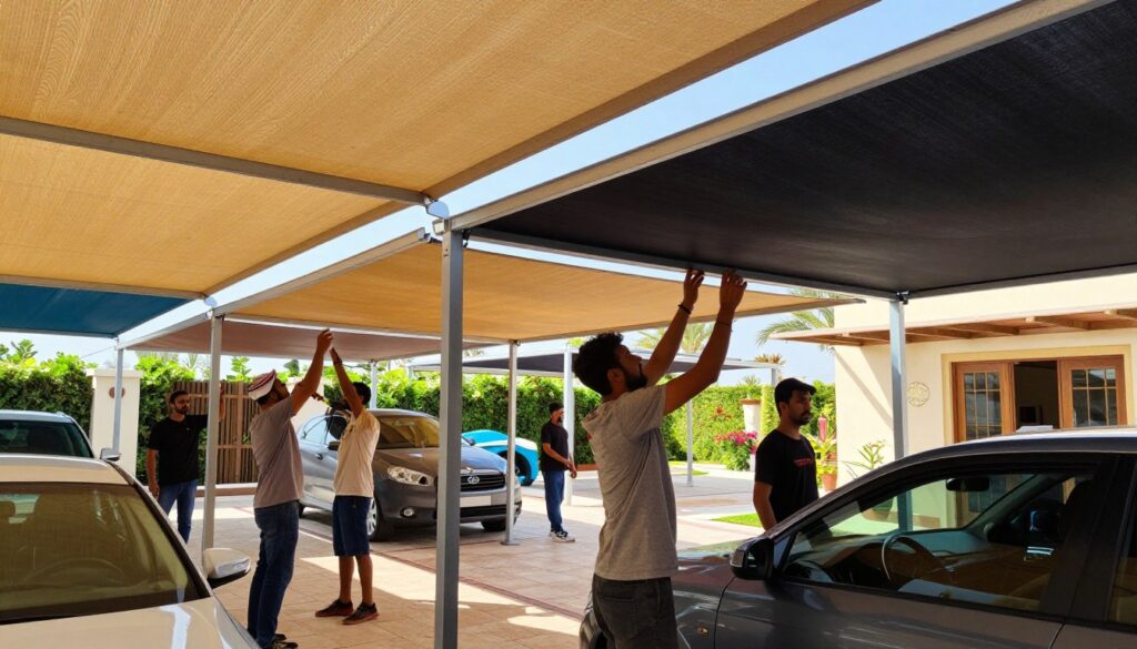 A professional team is actively engaged in the maintenance of car shades and outdoor canopies in a sunny, vibrant villa environment in Saudi Arabia. In the foreground, skilled workers in modest casual clothing are carefully inspecting and adjusting custom car shades, ensuring they are securely installed. The middle ground features a variety of elegantly designed shades and canopies, showcasing different styles and colors, creating a harmonious outdoor space. The background reveals a beautifully landscaped villa with clear blue skies and sunlight filtering through the shades, creating a warm and inviting atmosphere. The scene is captured with soft, natural lighting, emphasizing the meticulous attention to detail in the maintenance process. The angle is slightly elevated to offer a comprehensive view of the work being done, highlighting professionalism and dedication to quality service.