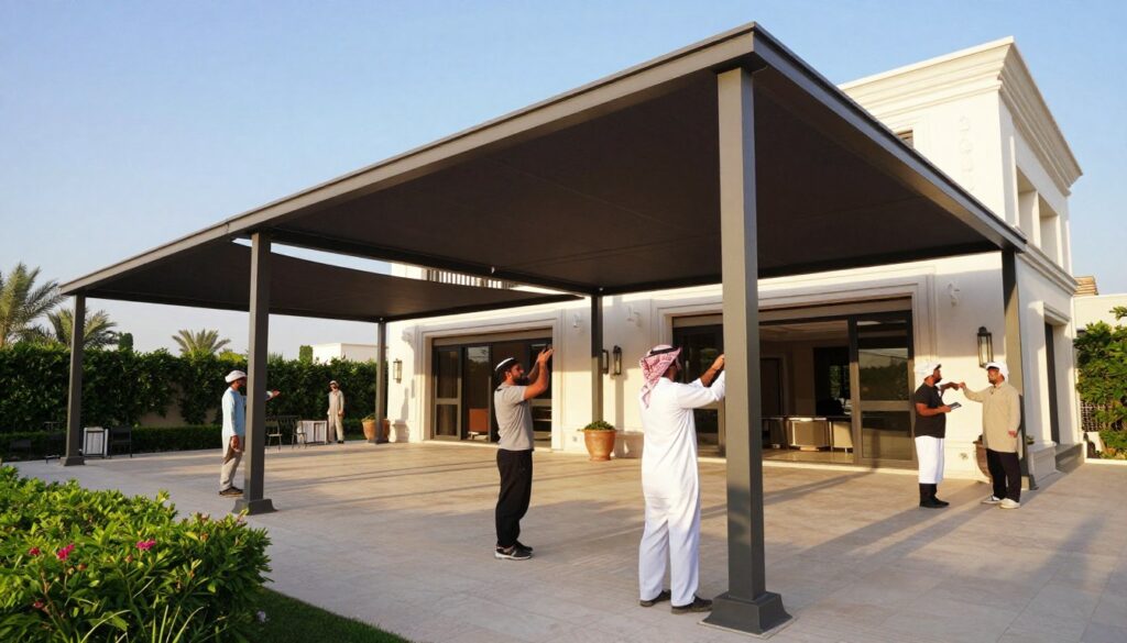 A professional team is actively installing modern outdoor canopies and custom car shades at a luxurious villa in Al Jubail, Saudi Arabia. In the foreground, skilled workers in smart casual attire are adjusting the fabric of the canopies, showcasing their expertise. The middle ground features sophisticated, contemporary canopy designs, casting intricate shadows on the elegant patio below. Lush greenery and Arabian-style landscaping provide additional visual interest. In the background, a clear blue sky compliments the serene atmosphere, with soft sunlight illuminating the scene, creating a warm, inviting mood. The angle captures both the detail of the installation process and the grandeur of the villa, emphasizing a blend of tradition and modernity in outdoor design. A professional team is actively installing modern outdoor canopies and custom car shades at a luxurious villa in Al Jubail, Saudi Arabia. In the foreground, skilled workers in smart casual attire are adjusting the fabric of the canopies, showcasing their expertise. The middle ground features sophisticated, contemporary canopy designs, casting intricate shadows on the elegant patio below. Lush greenery and Arabian-style landscaping provide additional visual interest. In the background, a clear blue sky compliments the serene atmosphere, with soft sunlight illuminating the scene, creating a warm, inviting mood. The angle captures both the detail of the installation process and the grandeur of the villa, emphasizing a blend of tradition and modernity in outdoor design.