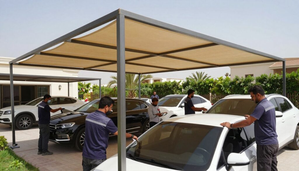 A professional team is busy installing custom car shades and outdoor canopies for villas in Dammam, Saudi Arabia. In the foreground, skilled workers in professional attire are carefully assembling a durable metal frame for a large, elegant fabric canopy, showcasing their craftsmanship. The middle ground features partially completed car shades in various styles, highlighting the meticulous attention to detail in the design. The background reveals a sunny day, with a clear blue sky and lush greenery surrounding the villas, enhancing the serene atmosphere of the outdoor space. The lighting is bright but soft, casting gentle shadows that emphasize the textures of the materials used. The overall mood is industrious yet professional, reflecting high-quality workmanship in metalwork and fabric installation.