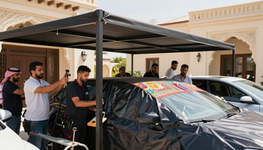 A professional team is diligently installing high-quality car shades and outdoor canopies in a sunny villa setting in Dammam, Saudi Arabia. In the foreground, focus on a diverse group of skilled technicians in business attire working with precision, using tools and materials like sturdy metal structures and durable fabric. The middle ground showcases an elegantly designed car shade, partially completed, with vibrant colors reflecting the local culture. In the background, the villa's architecture is visible, featuring ornate details characteristic of Saudi design. The lighting is bright and sunny, creating a warm and inviting atmosphere. The composition captures both the technicality of the installation process and the beauty of the surrounding environment, emphasizing professionalism and craftsmanship.