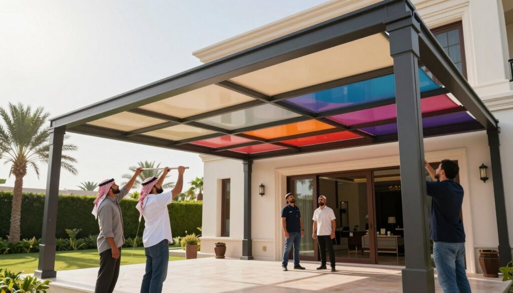 A professional team is installing a custom structural shade canopy at a luxurious villa in Saudi Arabia. In the foreground, showcase skilled workers in business attire carefully assembling the framework of the canopy, using high-quality materials. The middle layer features the partially completed canopy, demonstrating its modern design with sleek lines and vibrant colors that reflect the regional aesthetics. The background reveals the villa's elegant architecture under a bright, sunlit sky, highlighting the surrounding landscape with palm trees and lush greenery. Utilize soft, natural lighting to emphasize the professionalism of the installation. Capture the scene from a slightly elevated angle to provide depth and context, conveying a sense of expertise and dedication in their work. The atmosphere should feel inspired and innovative, focusing on the craftsmanship of custom shade solutions. A professional team is installing a custom structural shade canopy at a luxurious villa in Saudi Arabia. In the foreground, showcase skilled workers in business attire carefully assembling the framework of the canopy, using high-quality materials. The middle layer features the partially completed canopy, demonstrating its modern design with sleek lines and vibrant colors that reflect the regional aesthetics. The background reveals the villa's elegant architecture under a bright, sunlit sky, highlighting the surrounding landscape with palm trees and lush greenery. Utilize soft, natural lighting to emphasize the professionalism of the installation. Capture the scene from a slightly elevated angle to provide depth and context, conveying a sense of expertise and dedication in their work. The atmosphere should feel inspired and innovative, focusing on the craftsmanship of custom shade solutions.