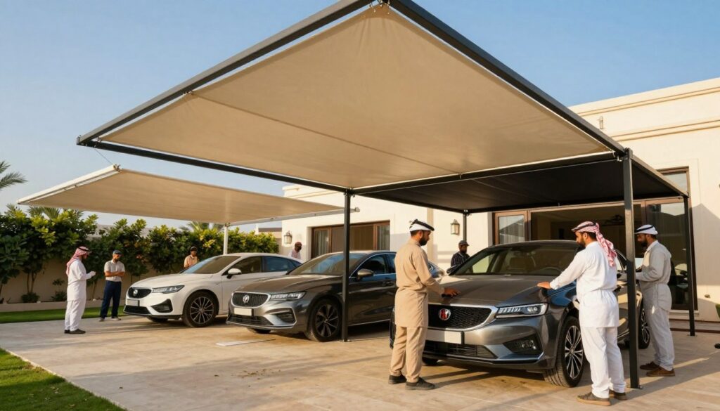 A professional team is installing custom car shades and outdoor canopies in a sun-drenched villa in Dammam, Saudi Arabia. In the foreground, skilled workers dressed in modest, professional attire are meticulously assembling a sturdy steel frame and stretching high-quality fabric over it to create an elegant shade. The middle ground features the partially completed car shades, showcasing their innovative design and craftsmanship. The background includes a lush garden and a clear blue sky, enhancing the vibrant atmosphere. The lighting is bright and warm, casting soft shadows, and the image is captured from a slight low angle to emphasize the team’s expertise and the quality of the installation. This scene exudes professionalism and dedication to service, illustrating the variety of shade solutions offered.