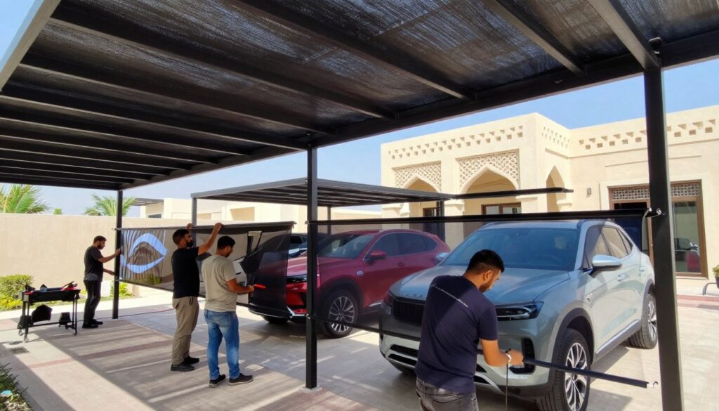 A professional team is installing high-quality car shades and outdoor canopies for villas in Dammam, Saudi Arabia. In the foreground, skilled workers are focused on assembling the structures, wearing modest casual clothing, and using tools effectively. In the middle ground, the vibrant custom car shades made from durable fabric and metal are being installed, showcasing their elegant design and structural integrity. In the background, a picturesque villa with traditional Saudi architectural elements stands under a clear blue sky, with sunlight filtering through the canopies, casting soft shadows on the pavement. The atmosphere is industrious yet professional, emphasizing the importance of free consultation in choosing the right car shades. The image captures a sense of quality and craftsmanship under natural lighting, shot from a slightly elevated angle to provide a comprehensive view of the installation process.