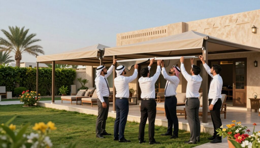 A professional team is shown in the foreground, dressed in neat business attire, actively installing custom car shades and outdoor canopies at a villa in Saudi Arabia. The middle ground includes a beautifully designed outdoor space featuring elegant canopies providing shade, surrounded by lush greenery and vibrant flowers typical of the region. In the background, traditional architecture and blue skies with soft, diffused sunlight create a warm and inviting atmosphere. The lens captures the scene from a slightly elevated angle, providing a comprehensive view of the installation process. The overall mood conveys professionalism and teamwork, emphasizing the idea of reliable communication and service in outdoor living solutions. The image should be visually appealing, without any text or watermarks, focusing solely on the installation activity and the peaceful environment. A professional team is shown in the foreground, dressed in neat business attire, actively installing custom car shades and outdoor canopies at a villa in Saudi Arabia. The middle ground includes a beautifully designed outdoor space featuring elegant canopies providing shade, surrounded by lush greenery and vibrant flowers typical of the region. In the background, traditional architecture and blue skies with soft, diffused sunlight create a warm and inviting atmosphere. The lens captures the scene from a slightly elevated angle, providing a comprehensive view of the installation process. The overall mood conveys professionalism and teamwork, emphasizing the idea of reliable communication and service in outdoor living solutions. The image should be visually appealing, without any text or watermarks, focusing solely on the installation activity and the peaceful environment.
