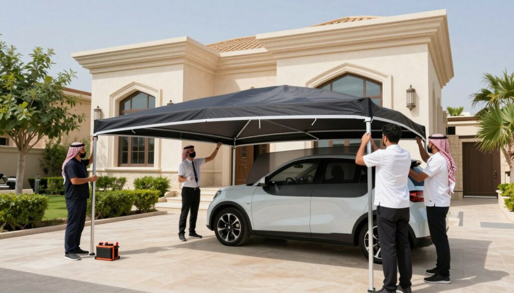 A professional team members in smart, business attire installing custom car shades and outdoor canopies for luxurious villas in Al-Ahsa, Saudi Arabia. The foreground showcases the team working meticulously, with tools and materials specific to shade installation. In the middle, the partially erected car shade reveals a modern design, casting soft shadows on the ground. The background features the elegant villa architecture typical of the region, surrounded by lush greenery and clear blue skies enhancing the serene atmosphere. Bright, natural lighting highlights the craftsmanship and attention to detail. The image conveys a mood of professionalism, efficiency, and quality service in the car shade installation context.