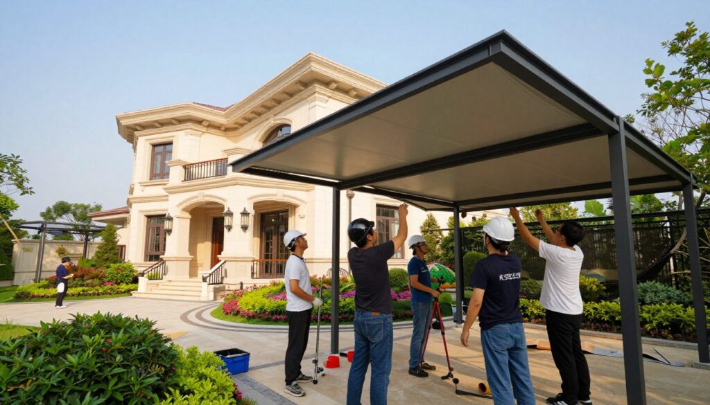 A professional team of engineers and architects in modest casual clothing is skillfully installing custom car shades and outdoor canopies in a luxurious villa garden. The foreground highlights the team members working together, utilizing tools and equipment, while detailed canopies with modern designs arch overhead. The middle ground features elegantly landscaped gardens with vibrant flowers, lush green bushes, and decorative pathways leading up to the villa. In the background, the opulent villa structure stands majestically against a clear blue sky. Soft, natural lighting enhances the scene, creating a warm and inviting atmosphere. The angle captures a slight upward perspective, emphasizing the grandeur of the villa and the intricacy of the installed canopies. The mood is professional, focused, and collaborative, showcasing the expertise in architectural shade structures. A professional team of engineers and architects in modest casual clothing is skillfully installing custom car shades and outdoor canopies in a luxurious villa garden. The foreground highlights the team members working together, utilizing tools and equipment, while detailed canopies with modern designs arch overhead. The middle ground features elegantly landscaped gardens with vibrant flowers, lush green bushes, and decorative pathways leading up to the villa. In the background, the opulent villa structure stands majestically against a clear blue sky. Soft, natural lighting enhances the scene, creating a warm and inviting atmosphere. The angle captures a slight upward perspective, emphasizing the grandeur of the villa and the intricacy of the installed canopies. The mood is professional, focused, and collaborative, showcasing the expertise in architectural shade structures.