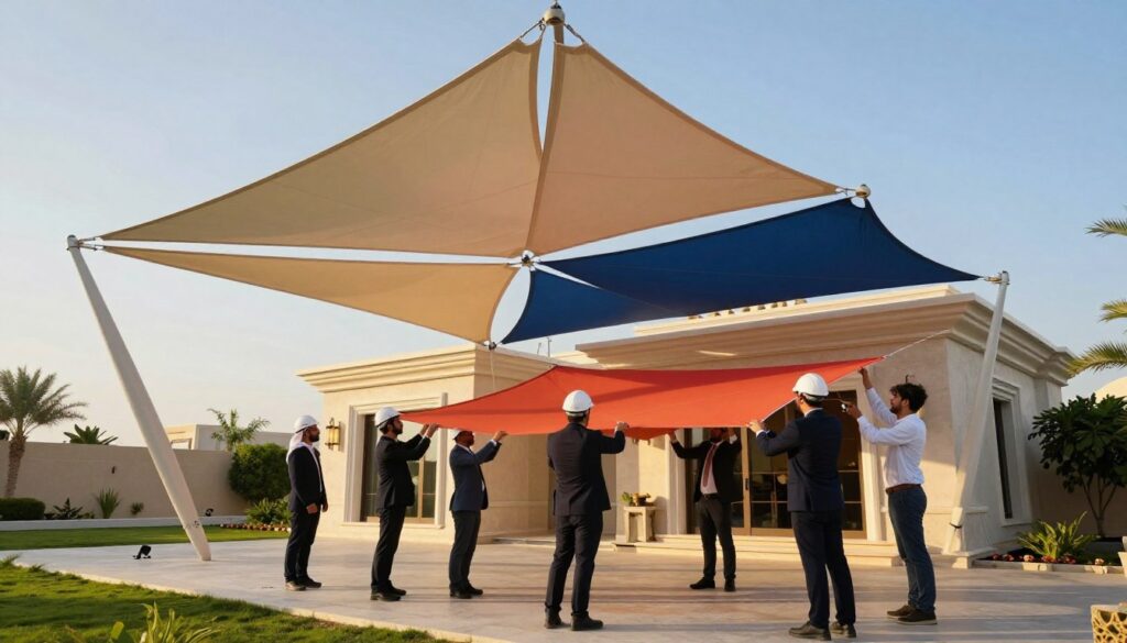 A professional team of engineers and technicians, dressed in smart business attire, is installing large, architecturally-styled tensile shade canopies over a luxurious villa in Dammam, Saudi Arabia. In the foreground, the team is carefully positioning a vibrant, fabric canopy, showcasing the intricate details of the construction. The middle ground features a beautifully designed villa, with lush greenery around it, and the sun casting warm, golden light, creating a welcoming atmosphere. The background displays a clear blue sky, emphasizing the outdoor setting and the innovative strength of the shade structure. The entire scene conveys a sense of professionalism, expertise, and quality craftsmanship, illustrating the unique advantages of choosing specialized tensile shade solutions.