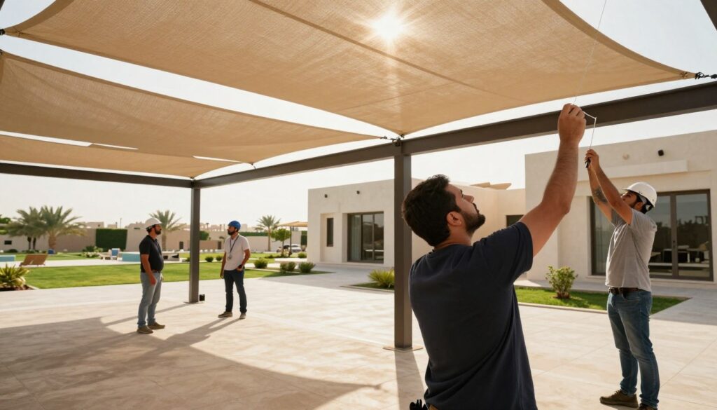 A professional team of engineers in smart casual attire expertly installing structural tensile canopies on a villa in Qatif, Saudi Arabia. The foreground features one engineer closely examining the tension of the fabric, while another is securing the framework, showcasing their skill and attention to detail. In the middle ground, half-installed canopies create a stunning blend of modern architecture and outdoor aesthetics, with sunlight filtering through the fabric, creating interesting shadows on the ground. The background reveals a picturesque view of the villa’s garden and the traditional architecture common in the region, bathed in warm afternoon light. The atmosphere is focused and industrious, highlighting the quality of the installation process.