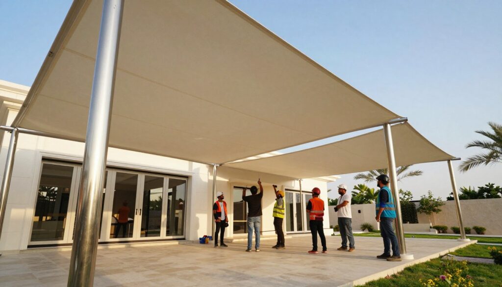 A professional team of engineers installs structural tension canopies on a modern villa in Saudi Arabia, showcasing the impressive architectural design. In the foreground, close-up details of glistening stainless steel supports and taut fabric stretch overhead, creating a sense of elegance and durability. The middle ground features the skilled workers dressed in smart casual attire, carefully assembling the canopies, highlighting their expertise and collaboration. The background captures the sunlit villa exterior, surrounded by lush landscaping and palm trees, under a clear blue sky. The lighting is warm and inviting, creating a vibrant atmosphere. The angle is slightly elevated to provide a comprehensive view of the installation process, emphasizing the tension between the fabric and structure, showcasing innovation in architectural shading solutions. A professional team of engineers installs structural tension canopies on a modern villa in Saudi Arabia, showcasing the impressive architectural design. In the foreground, close-up details of glistening stainless steel supports and taut fabric stretch overhead, creating a sense of elegance and durability. The middle ground features the skilled workers dressed in smart casual attire, carefully assembling the canopies, highlighting their expertise and collaboration. The background captures the sunlit villa exterior, surrounded by lush landscaping and palm trees, under a clear blue sky. The lighting is warm and inviting, creating a vibrant atmosphere. The angle is slightly elevated to provide a comprehensive view of the installation process, emphasizing the tension between the fabric and structure, showcasing innovation in architectural shading solutions.