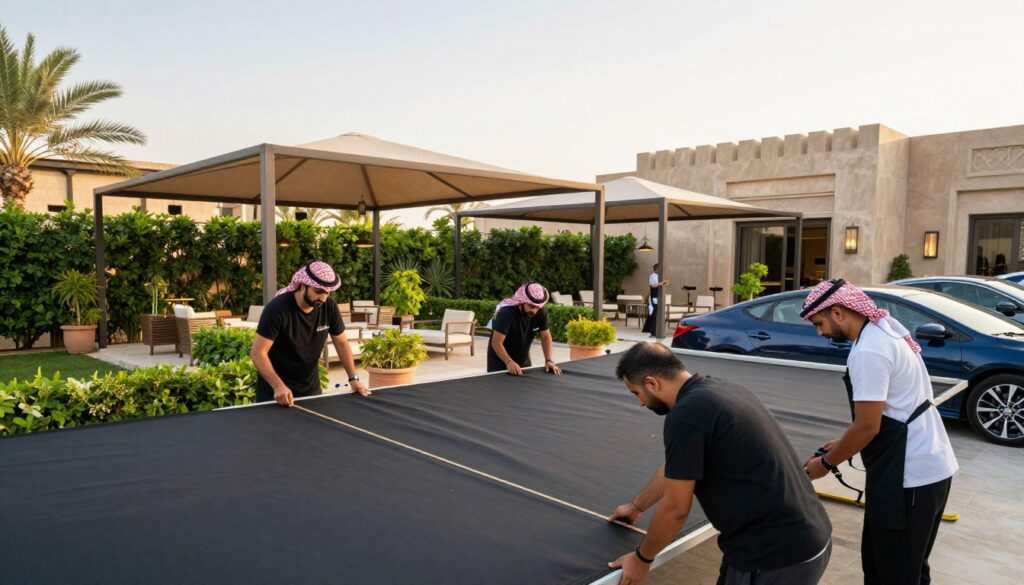 A professional team of skilled technicians installing custom car shades and outdoor canopies in a luxurious villa setting in Qatif, Saudi Arabia. In the foreground, the team is actively engaged with tools, measuring fabric and adjusting frames. The middle ground showcases beautifully designed canopies, elegantly shading an outdoor seating area surrounded by lush greenery and potted plants. In the background, elements of traditional Saudi architecture can be seen, merging modern style with cultural heritage. The scene is bathed in warm, golden sunlight, creating a relaxed and inviting atmosphere. Capture this moment from a slightly elevated angle, emphasizing teamwork and the serene environment. No text or branding should be present. A professional team of skilled technicians installing custom car shades and outdoor canopies in a luxurious villa setting in Qatif, Saudi Arabia. In the foreground, the team is actively engaged with tools, measuring fabric and adjusting frames. The middle ground showcases beautifully designed canopies, elegantly shading an outdoor seating area surrounded by lush greenery and potted plants. In the background, elements of traditional Saudi architecture can be seen, merging modern style with cultural heritage. The scene is bathed in warm, golden sunlight, creating a relaxed and inviting atmosphere. Capture this moment from a slightly elevated angle, emphasizing teamwork and the serene environment. No text or branding should be present.