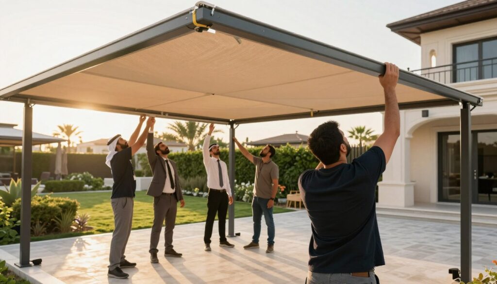 A professional team of skilled workers, dressed in business attire, is seen installing custom structural shades and outdoor canopies at luxurious villas in Dammam, Saudi Arabia. The foreground features workers carefully assembling a large, elegant canopy with taut fabric, showcasing precision and expertise. In the middle ground, additional team members are measuring and adjusting equipment, emphasizing the collaborative effort. The background includes beautifully landscaped gardens and modern villa architecture, bathed in warm, golden sunlight that creates a welcoming atmosphere. Use a slightly elevated angle to capture the entire scene, highlighting the professionalism and quality of the installation process while ensuring an inspiring, positive mood throughout.