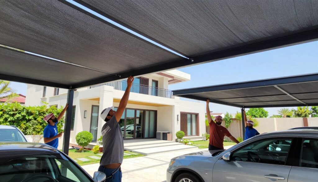 A professional team of skilled workers, dressed in modest casual clothing, is installing custom outdoor canopies and car shades in a stylish villa in Saudi Arabia. In the foreground, show one technician carefully adjusting the fabric of a modern canopy, while another is securing a car shade, showcasing the intricate design and quality materials. In the middle ground, highlight the elegantly designed villa with contemporary architecture, surrounded by lush greenery and a spacious outdoor area, emphasizing a relaxing atmosphere. The background should include a bright blue sky, creating natural lighting that enhances the colors of the canopies. Capture the moment from a low angle to emphasize the craftsmanship and the connection to the luxury lifestyle, evoking a sense of professionalism and modernity. A professional team of skilled workers, dressed in modest casual clothing, is installing custom outdoor canopies and car shades in a stylish villa in Saudi Arabia. In the foreground, show one technician carefully adjusting the fabric of a modern canopy, while another is securing a car shade, showcasing the intricate design and quality materials. In the middle ground, highlight the elegantly designed villa with contemporary architecture, surrounded by lush greenery and a spacious outdoor area, emphasizing a relaxing atmosphere. The background should include a bright blue sky, creating natural lighting that enhances the colors of the canopies. Capture the moment from a low angle to emphasize the craftsmanship and the connection to the luxury lifestyle, evoking a sense of professionalism and modernity.